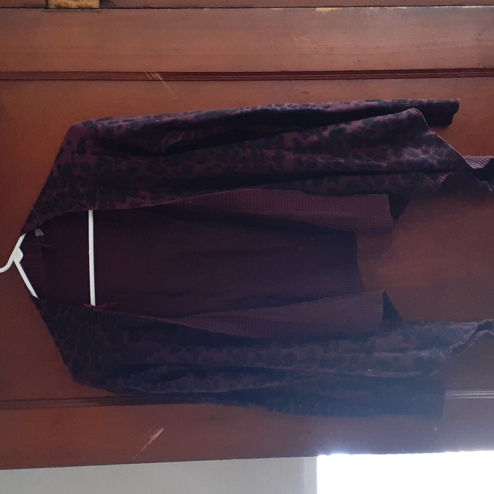Purple and black leopard print open sweater
